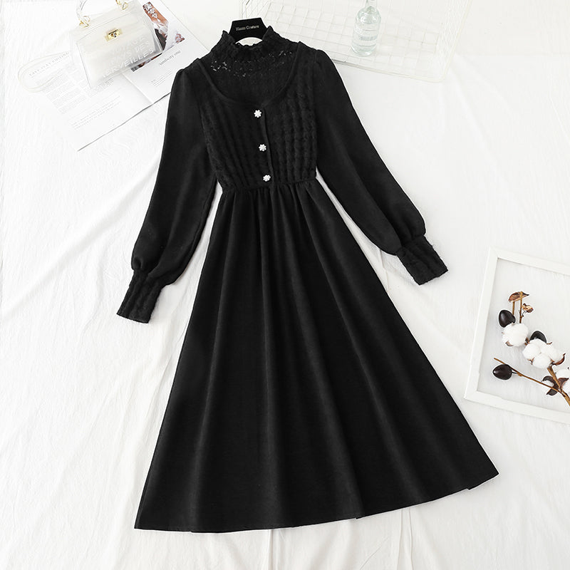 New gentle style lace stitching celebrity Plush bottomed little black skirt  2260