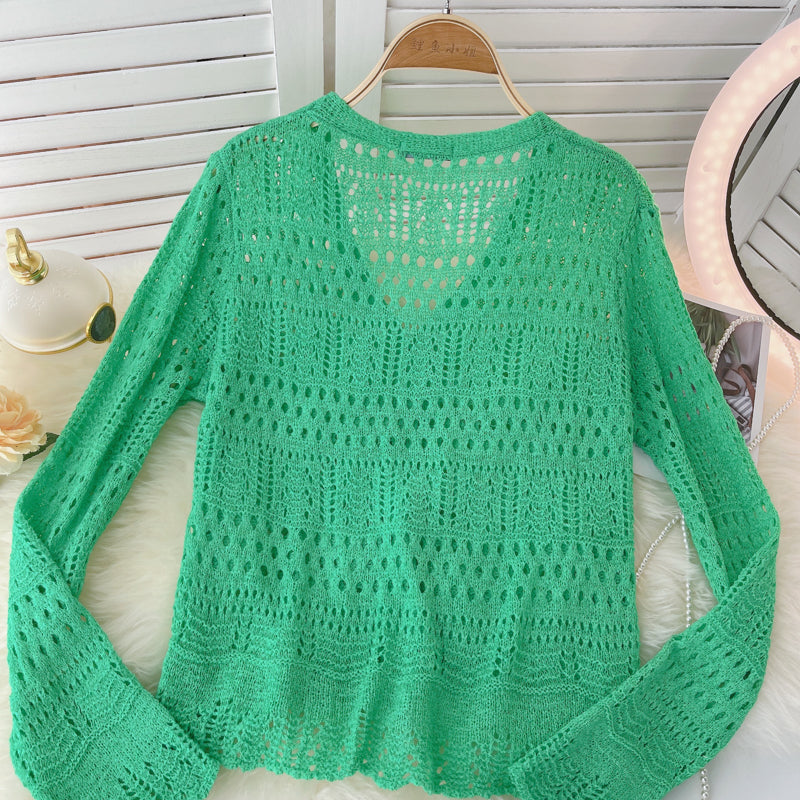 Knitted cardigan Vintage Crochet cut-out sunscreen long sleeve  1586