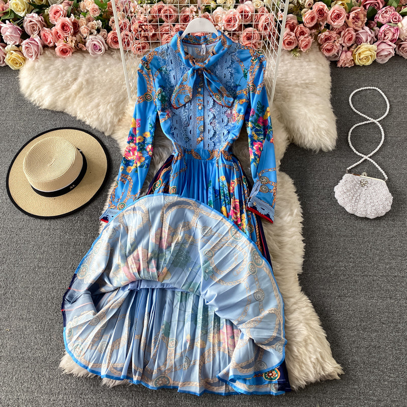 Celebrity temperament foreign style bow print Pleated Dress  3167