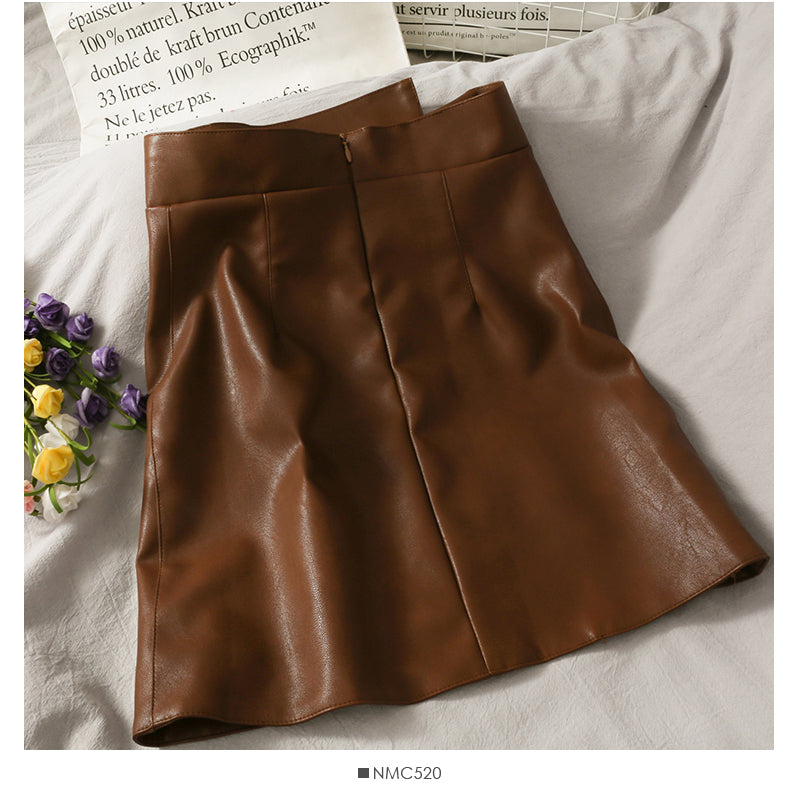 High waist slim wrap hip small leather skirt irregular solid color versatile skirt  2670
