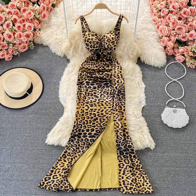 Leopard pleated waist slim split buttock dress  2757