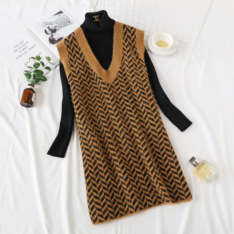 Net red mink velvet checkered sweater vest vest vest dress  2474