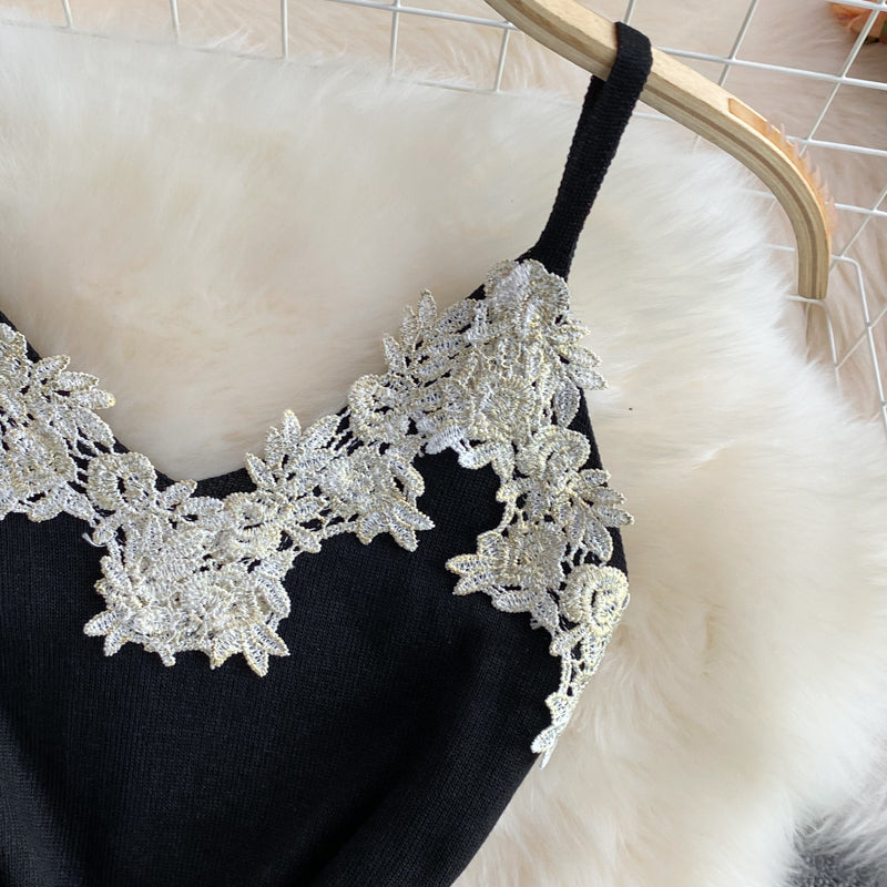 French retro Flower Embroidered backless knitted buttock dress  2782