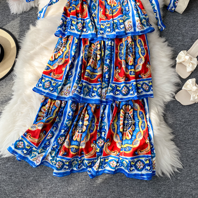 Blau-weißer Tortenrock mit Hosenträgern, bedrucktes Modekleid 2848