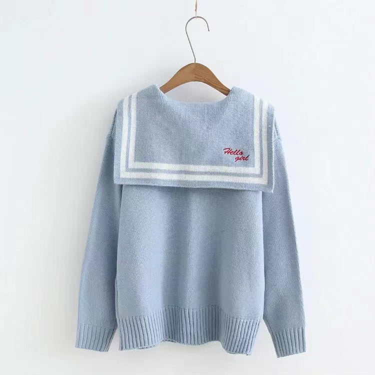 Langarmpullover mit marineblauem Kragen, Strickjacke mit Schleife für Studenten 1414