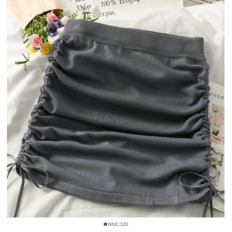 French niche design drawstring pleated High Waist Hip Wrap Skirt  2478