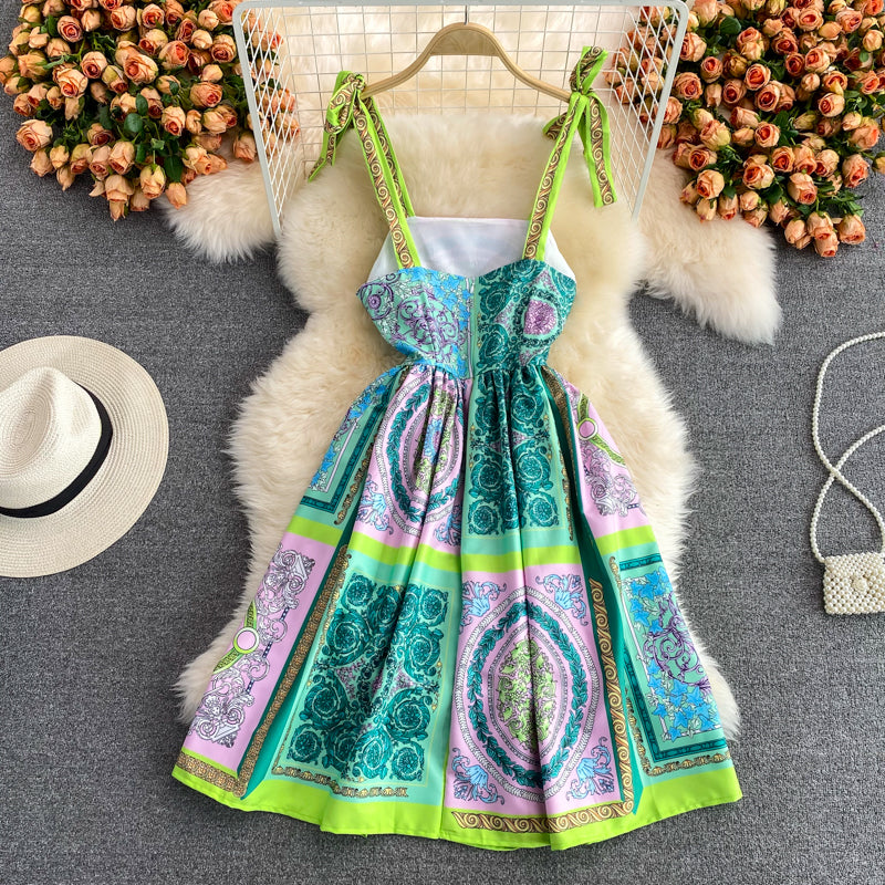 Printed strapless dress medium length high waist slim suspender skirt  3222