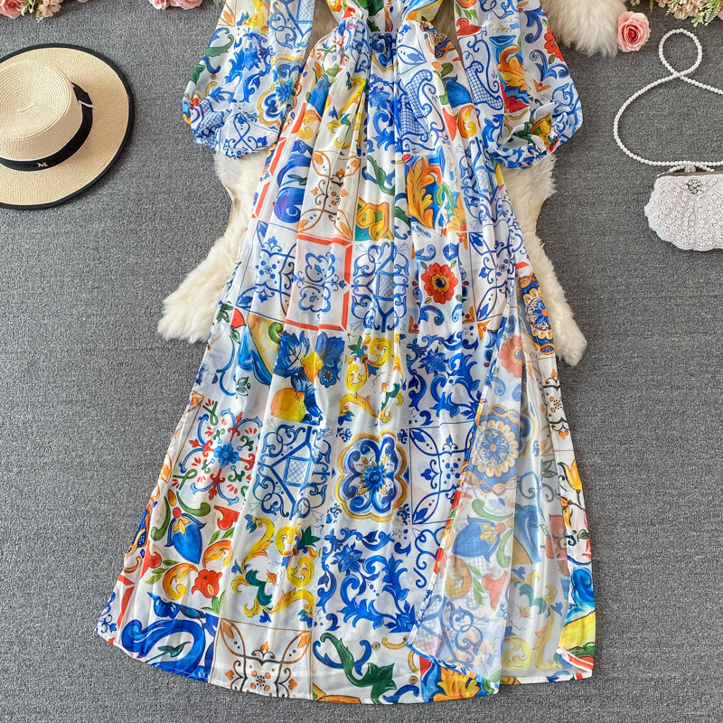 Bubble sleeve blue and white porcelain printed split long skirt  3349
