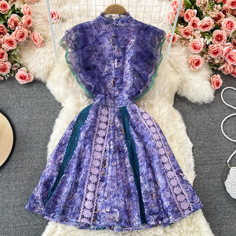 Stand collar water-soluble lace waist closing slim dress  3081