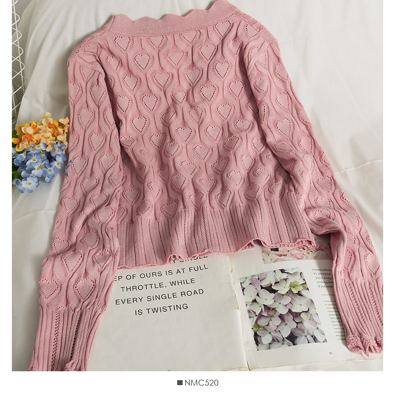 Heart shaped Plaid hollowed out wave edge long sleeve sweater for women  1759