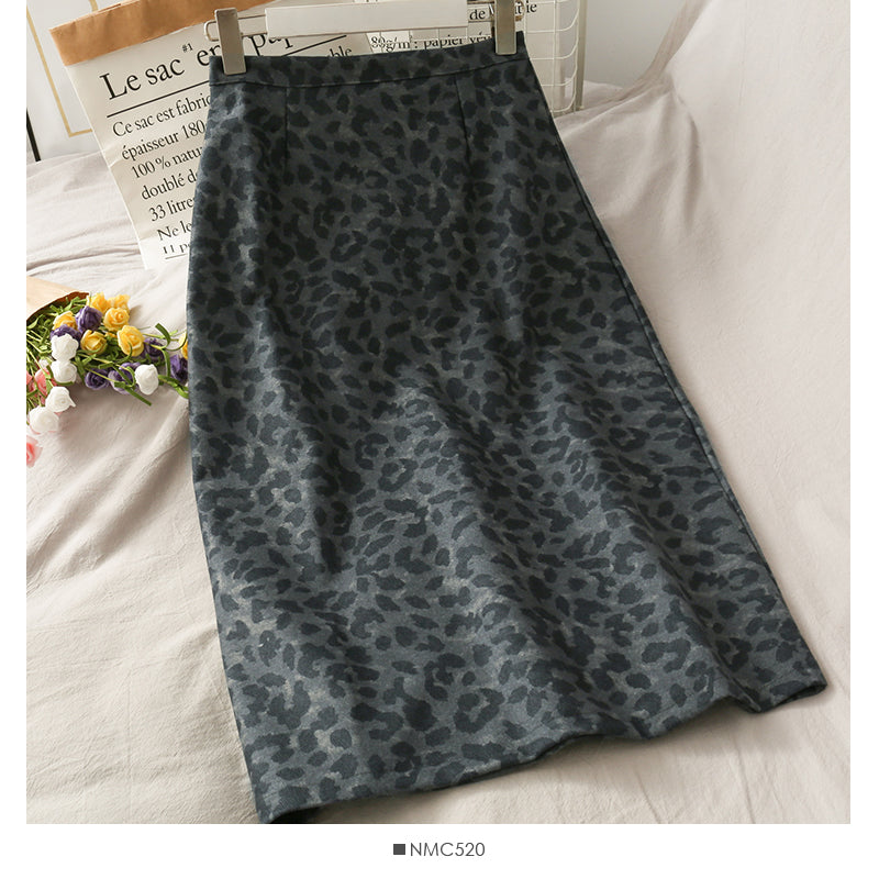 Korean retro split mid length leopard pattern versatile skirt  2635