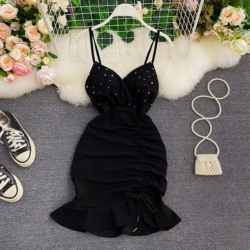 Suspender skirt low chest V-neck waist tight hip drawstring fishtail skirt  2931