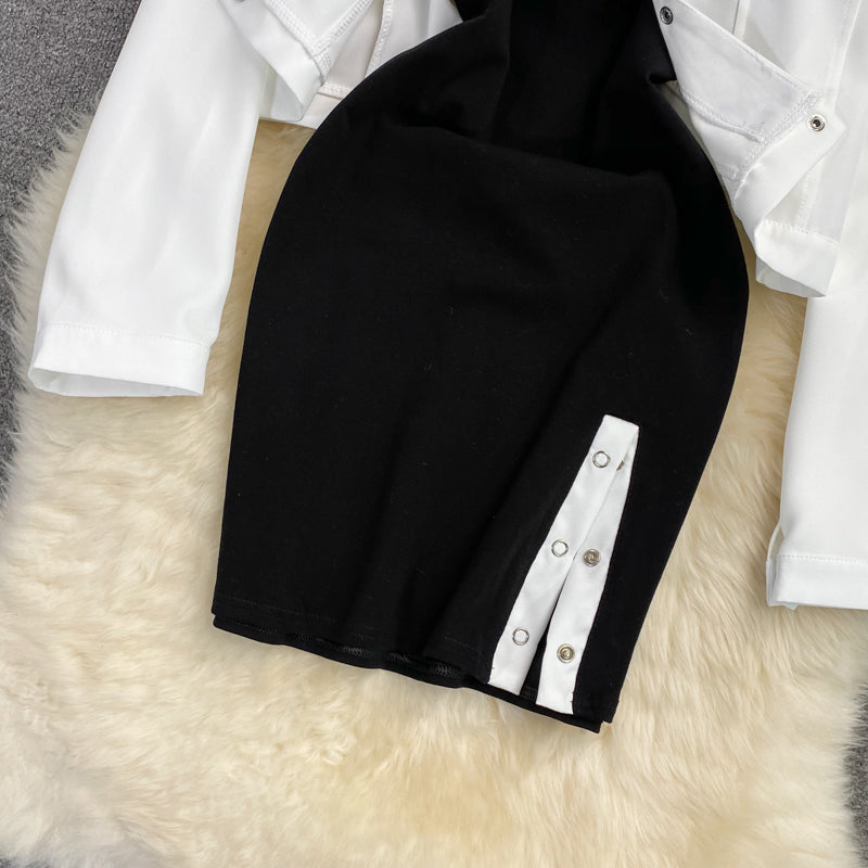 Black split vest skirt dress two piece set  2855