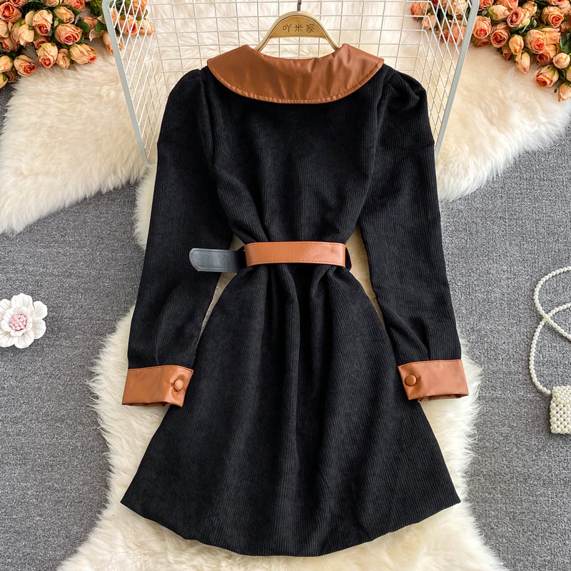 Lapel corduroy waist dress Hepburn  3115