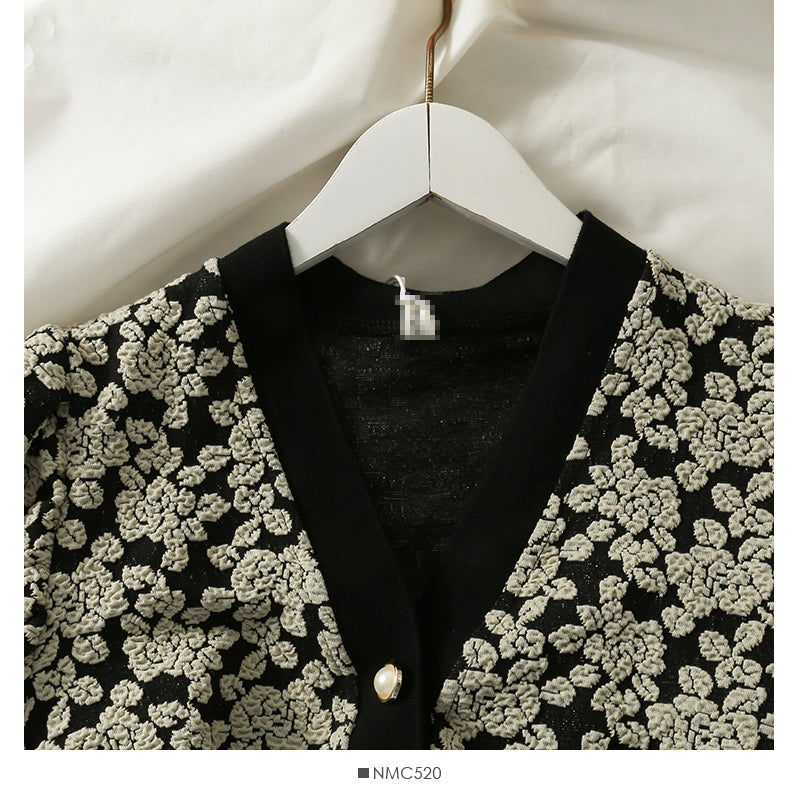 Printed single breasted sweater women's V-neck slim long sleeved sweater  1877