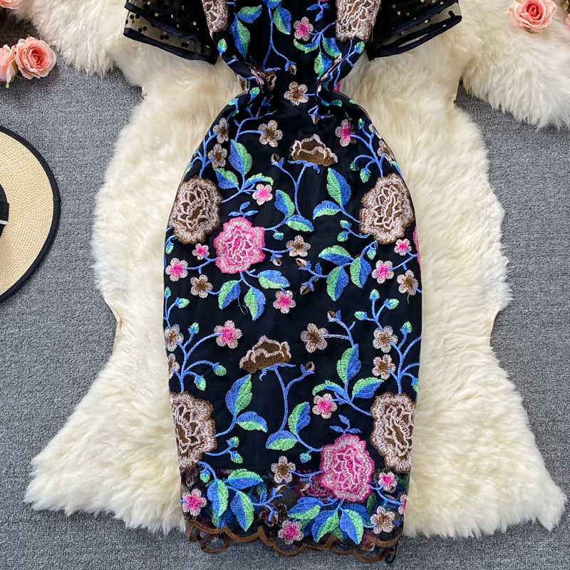 Mesh stitching heavy industry embroidery Hip Wrap Dress  3072