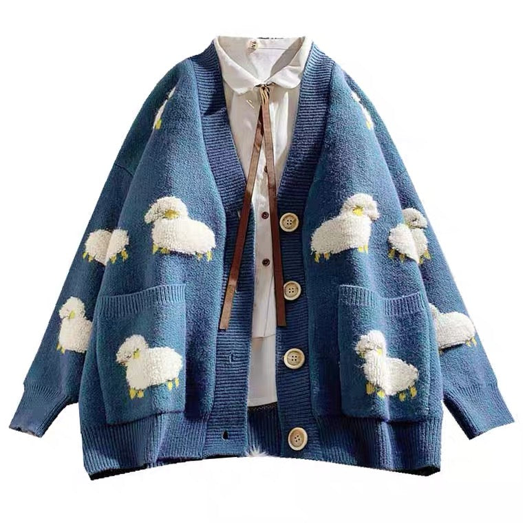 Languid lazy wind sweater , loose sweater of spring and autumn, lovely sheep embroidery cardigan  1459