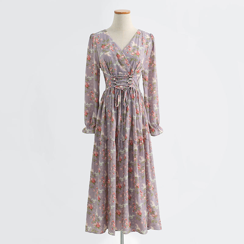 Women's floral dress thin chiffon skirt bandage gentle wind tea break skirt  2179
