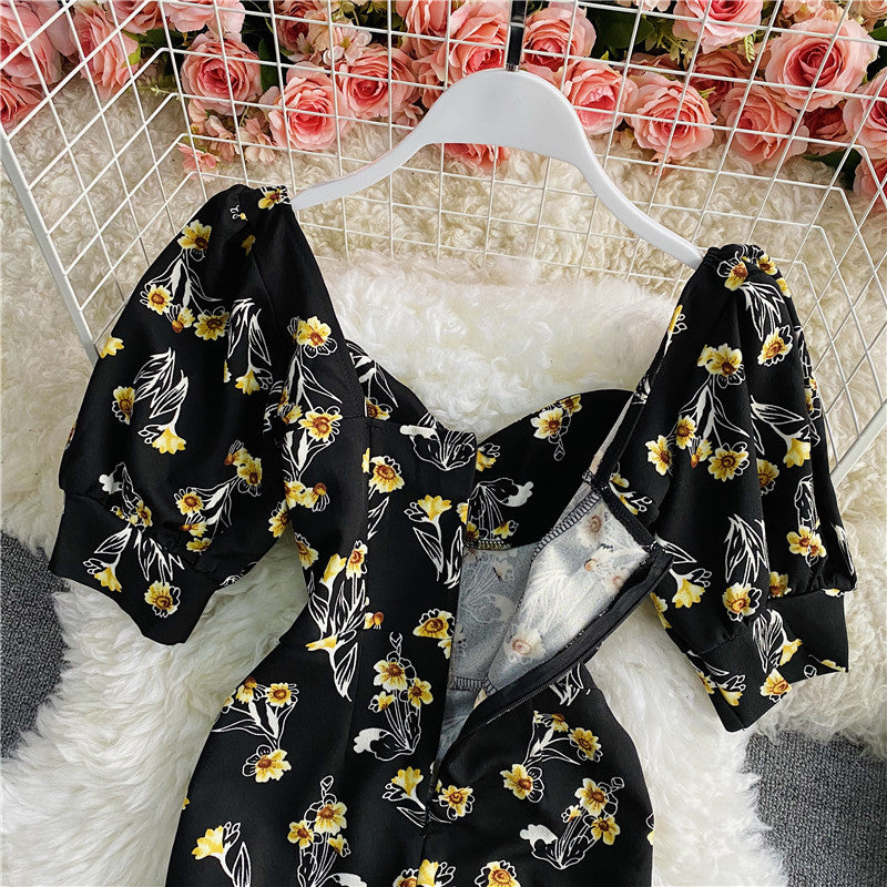 Floral backless square neck bubble sleeve Hip Wrap fishtail dress  2955