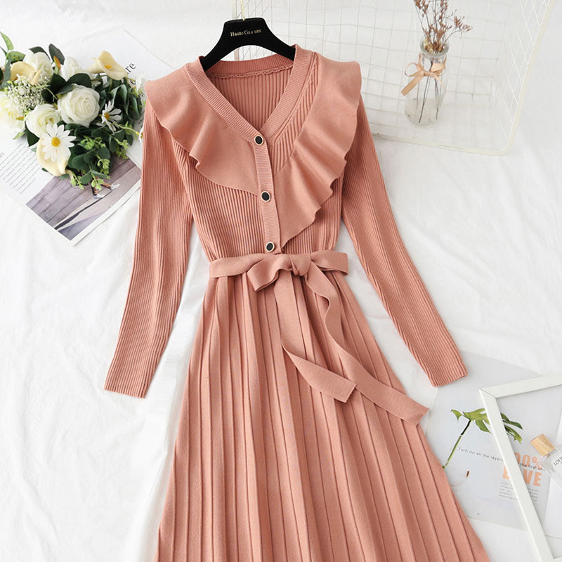 Ruffle lace up waist slim red dress  2184