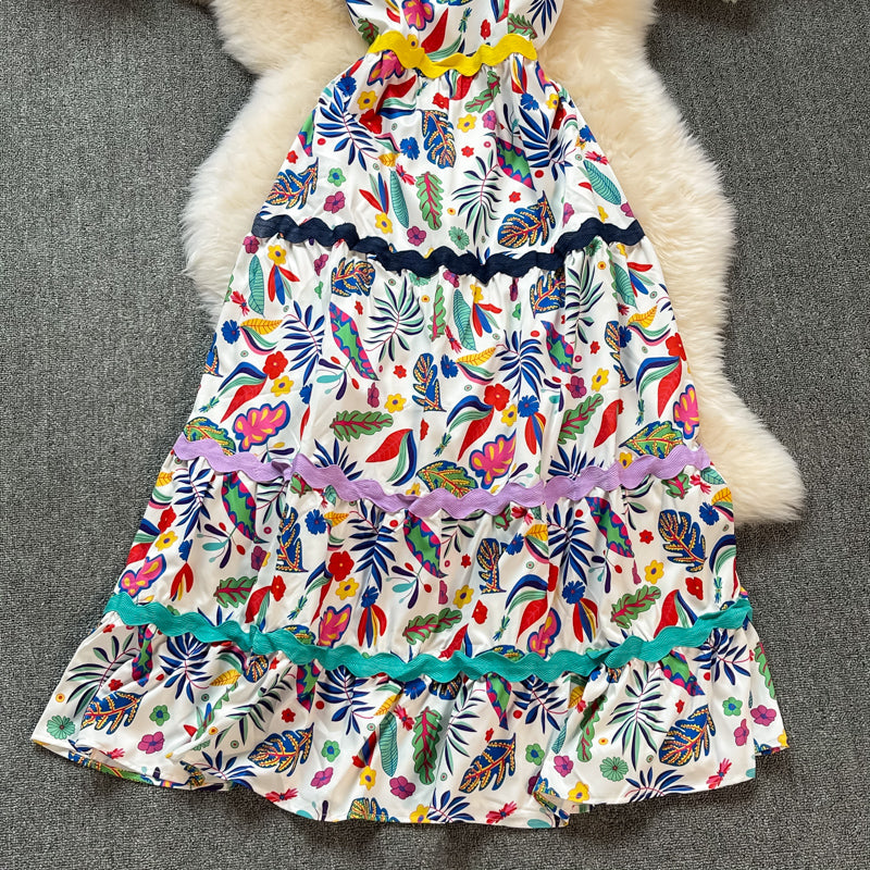 Waist slim temperament suspender large swing Printed Dress  3321