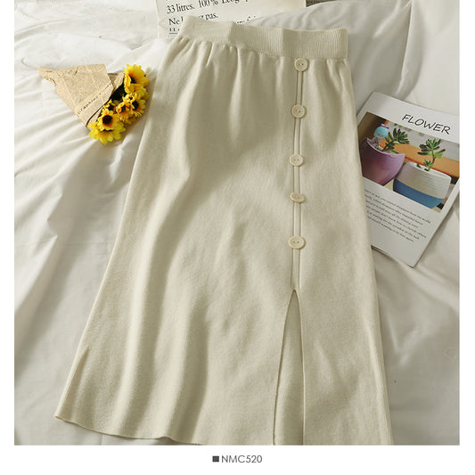 Jupe en tricot fendue mi-longue et mi-longue à boutonnage rétro coréen 2598