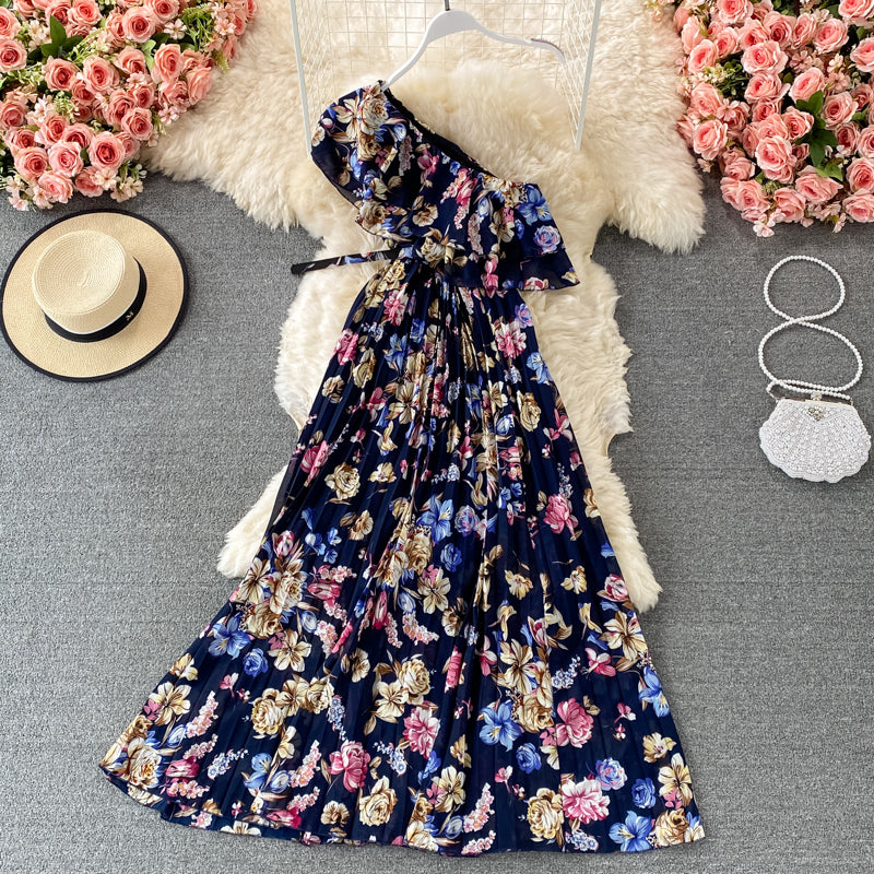 Ruffle waist Pleated Chiffon Floral Dress  2972