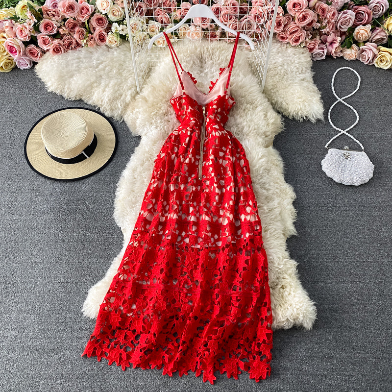 Sling one shoulder hollowed out water-soluble lace dress  2801