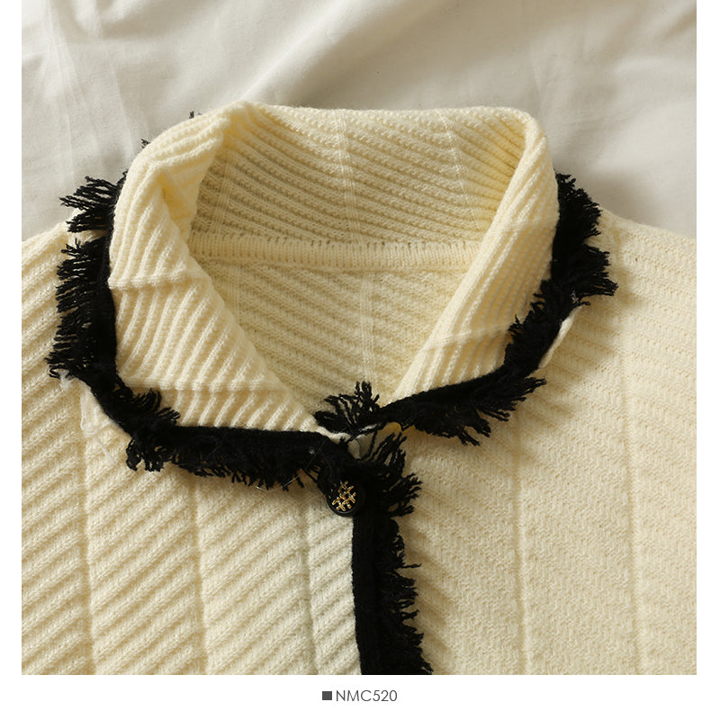 Hong Kong style retro color matching tassel single breasted sweater  2050