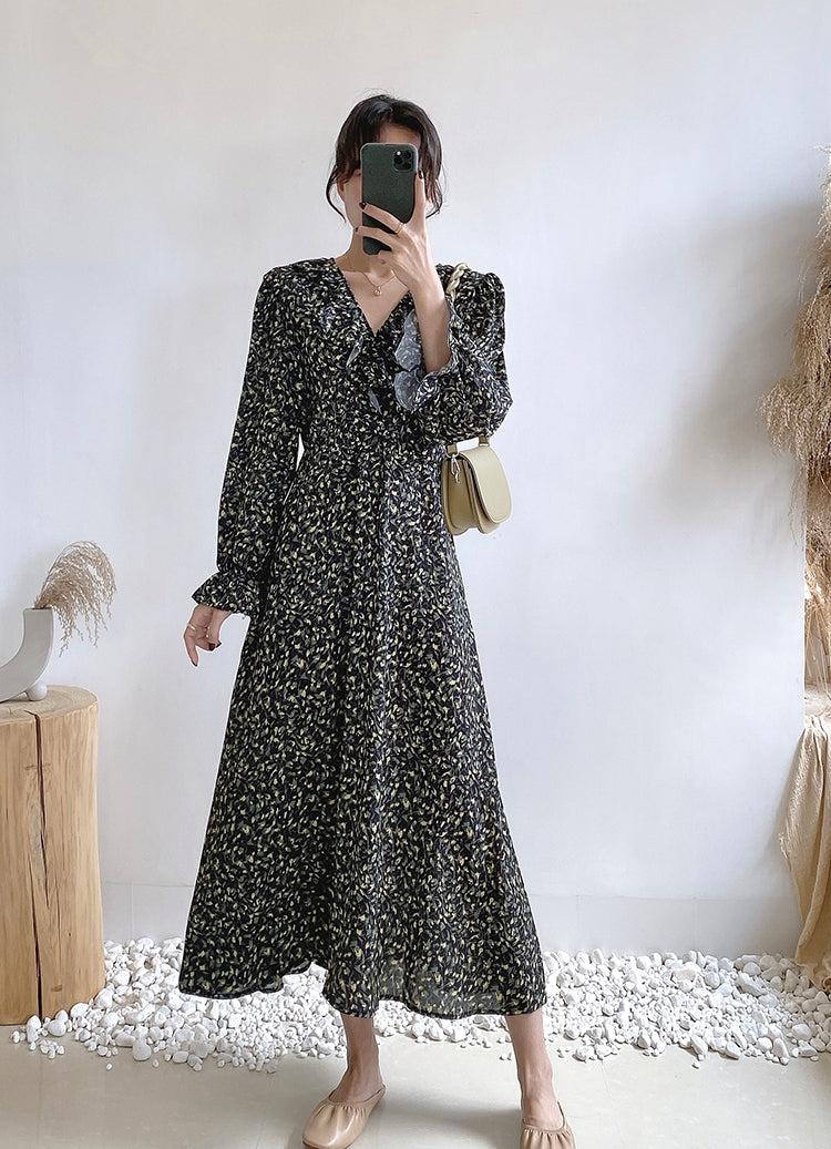 V-neck waist with thin Ruffle sleeve floral long skirt  2259