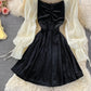 Square neck velvet waist puffy dress  3372