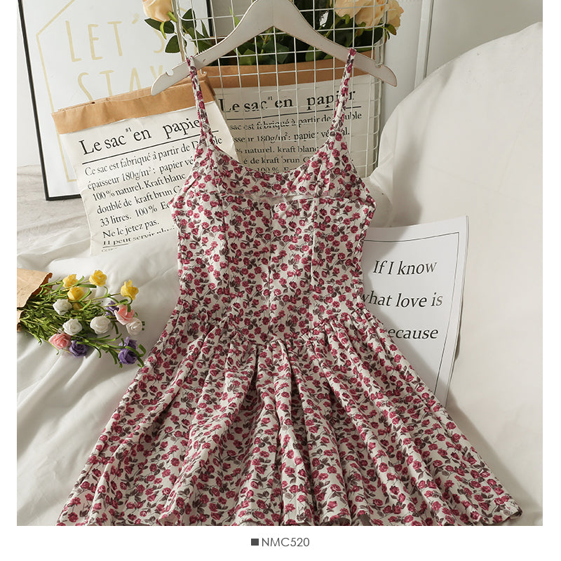 Retro broken flowers show thin waist, high waist suspender skirt, female  2692