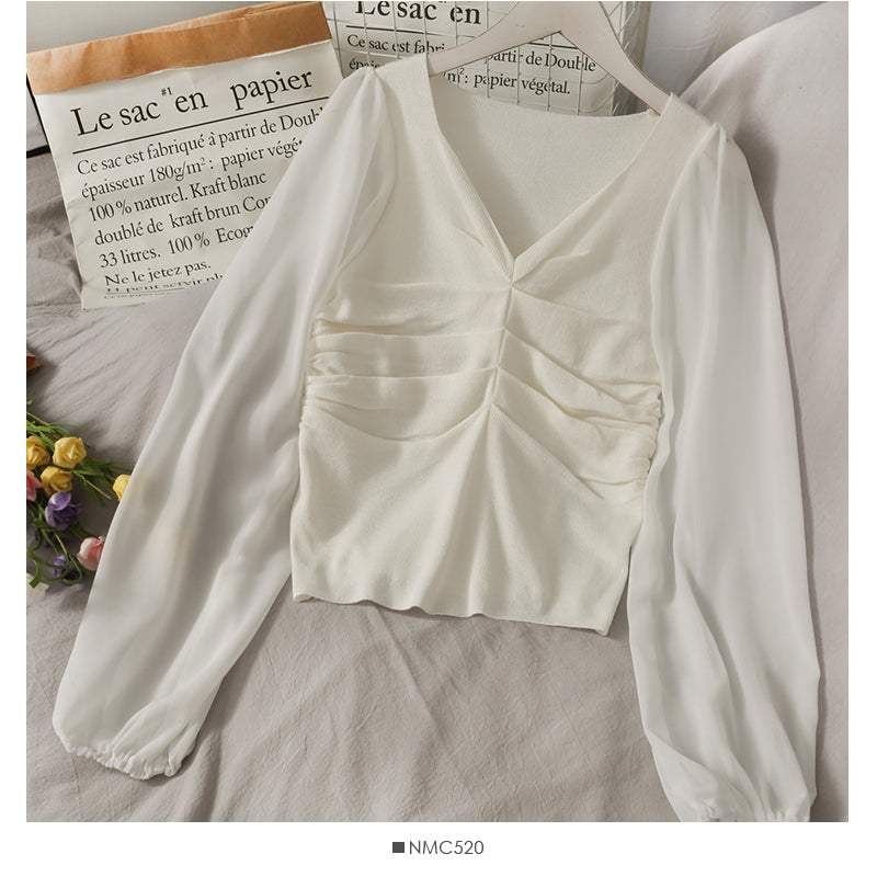 Korean Chiffon stitched bubble long sleeve T-shirt  2027