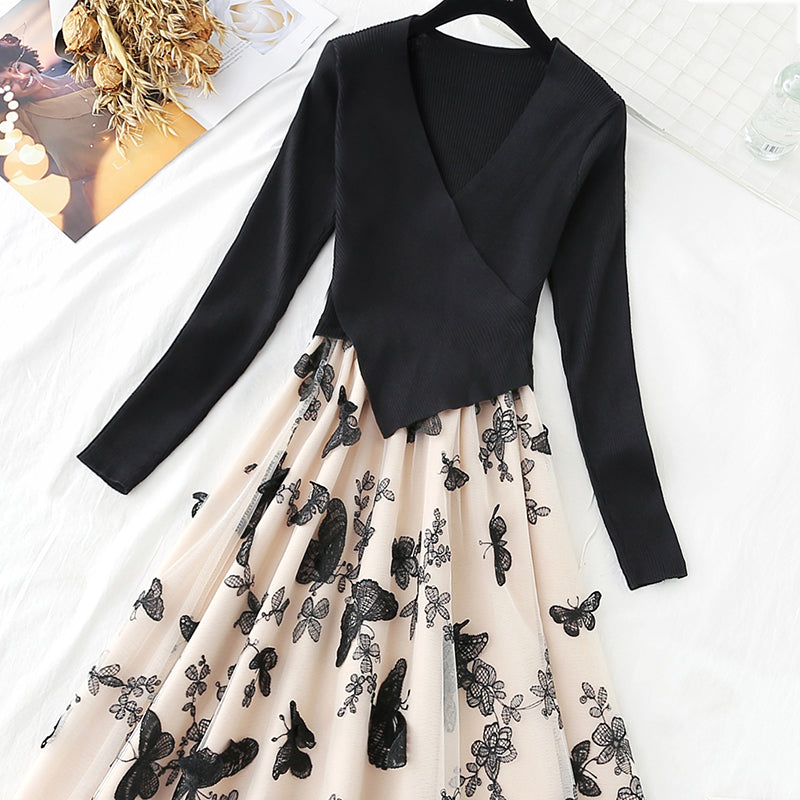 Irregular knit stitching fake two-piece mesh Butterfly Embroidery skirt female  2152