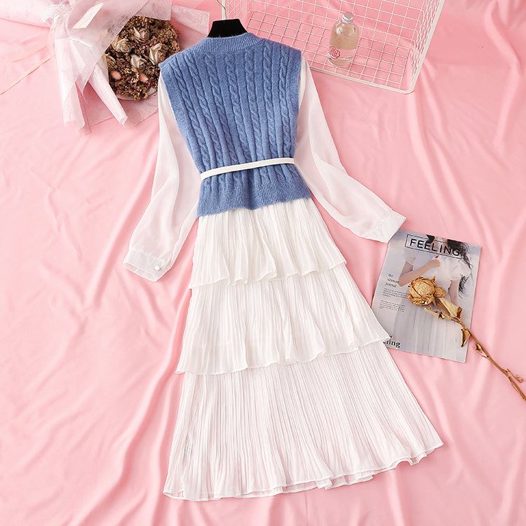 Net red sweater knitted vest chiffon cake skirt two piece suit  2292