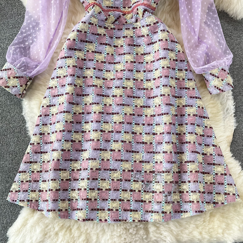 Collar ribbon Plaid embroidery lace dress  2912