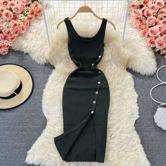 Narrow waist single breasted knitted suspender dress  2898