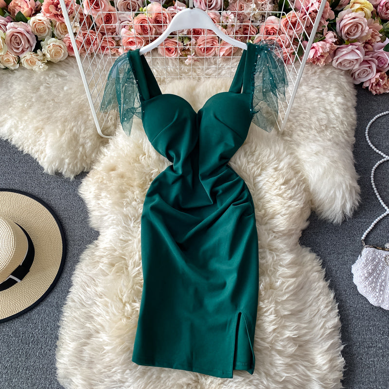 Sexy, rückenfreies, plissiertes, schmales Wickel-Hüftrock-Mode-Split-Kleid 3284