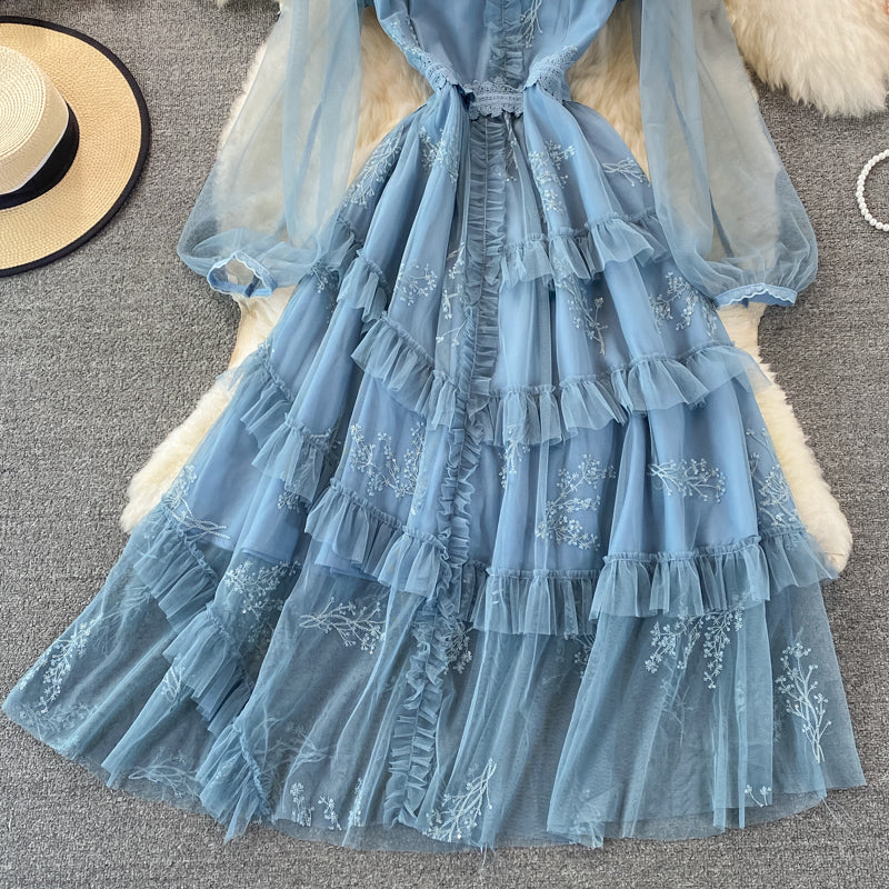Super xiansen series fungus edge stand collar mesh dress  3263