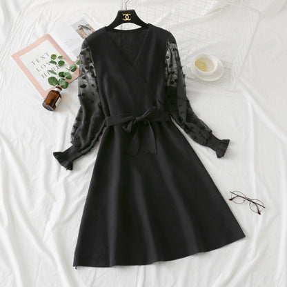Bottomed skirt bubble sleeve lace stitching long sleeve knitted dress slim fit  2453
