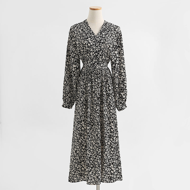 Floral dress retro slim long sleeve temperament black chiffon skirt long  2320
