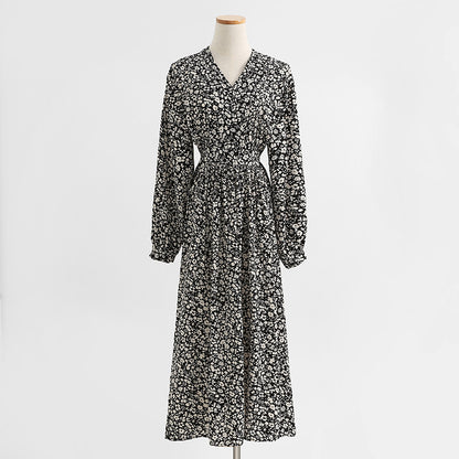 Floral dress retro slim long sleeve temperament black chiffon skirt long  2320