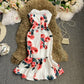 Sexy Strapless slim print medium length ruffled fishtail dress  3031