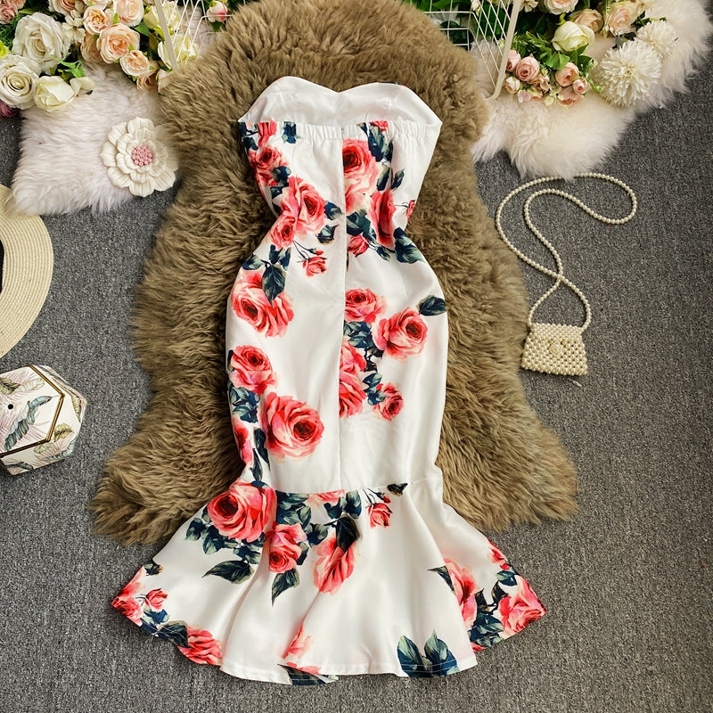 Sexy Strapless slim print medium length ruffled fishtail dress  3031