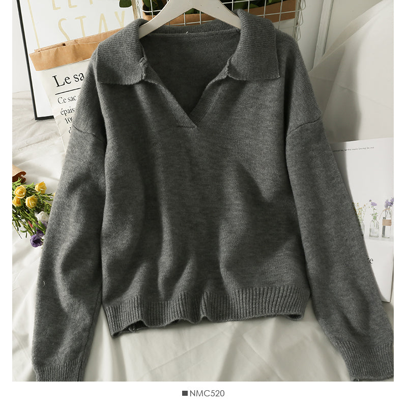 Neuer Vintage Revers lockerer dünner Pullover Pullover für Frauen 1805