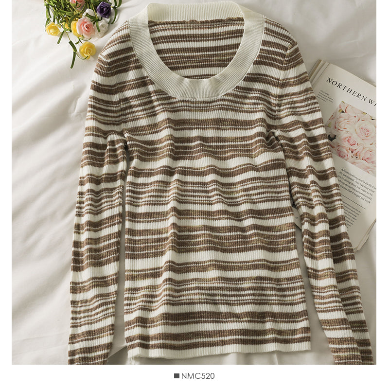 Han Fan retro stripe medium long tight long sleeve T-shirt  2068