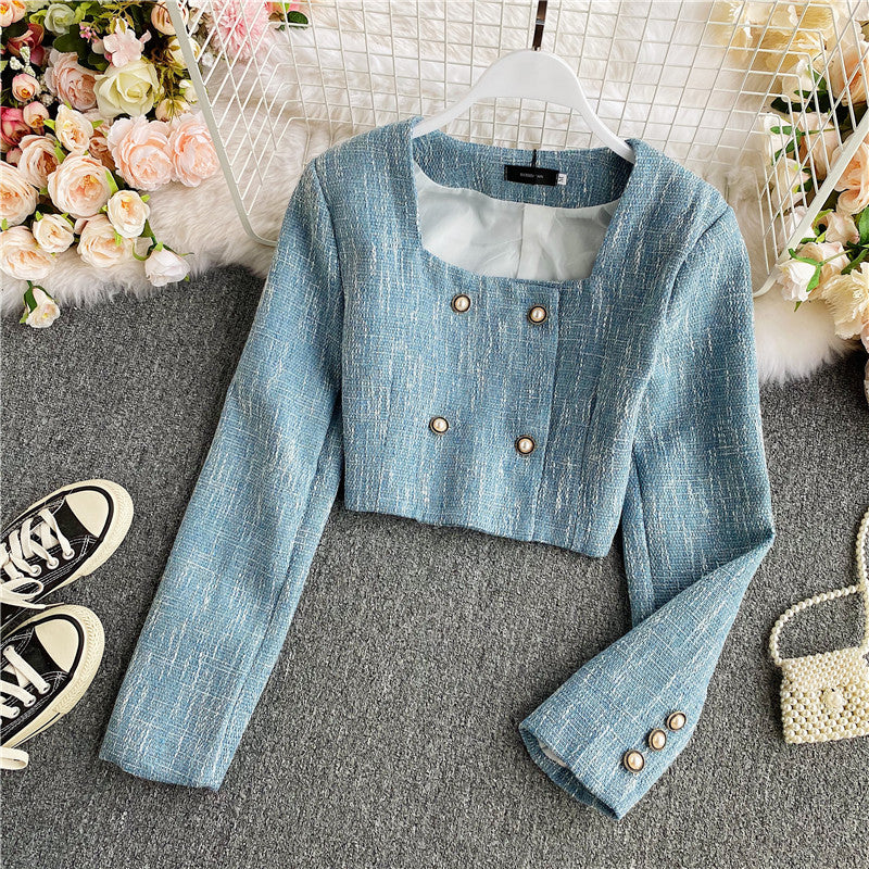High waist short coat versatile long sleeve blouse women  1651