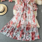 Gentle wind bow tie tie thin high waist Floral Chiffon Dress  3221