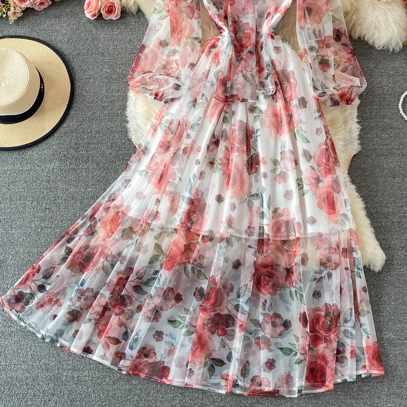 Gentle wind bow tie tie thin high waist Floral Chiffon Dress  3221