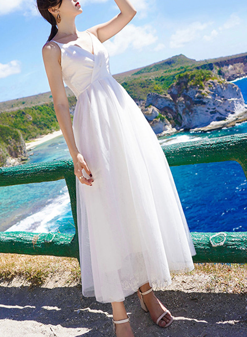 White A line tulle dress summer dress  1337